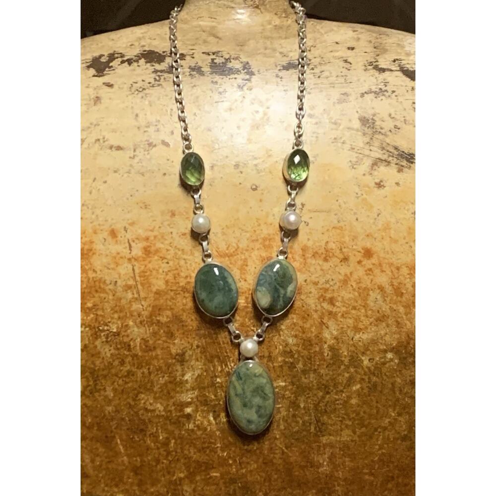 Sterling Silver, Green Jasper, Green Crystal & Pearl Necklace Vintage Statement